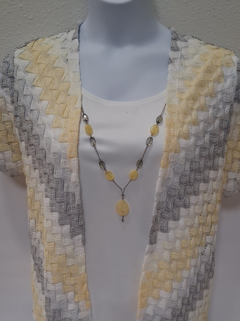 Alfred Dunner Yellow Cream Gray Open-Front Short Sleeve Cardigan